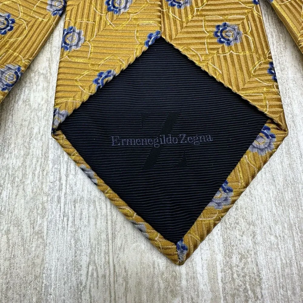 ERMENEGILDO Zegna Men's Gold & Blue Silk‎ Necktie Tie Made In Italy Squares